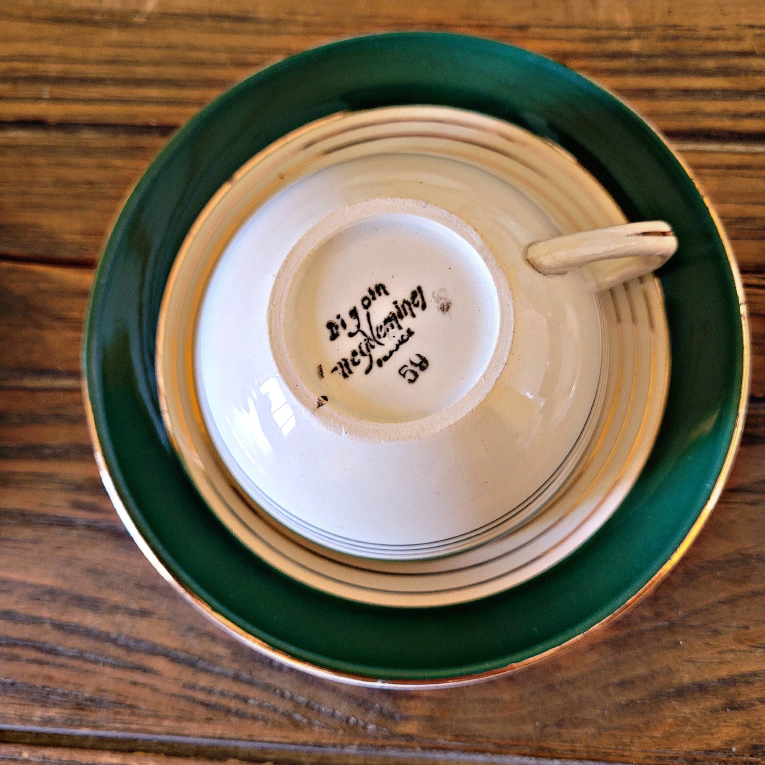 6 Digoin Sarreguemines green cups with gold trim (with saucers)