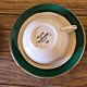 6 Digoin Sarreguemines green cups with gold trim (with saucers)