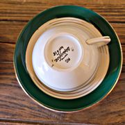 6 Digoin Sarreguemines green cups with gold trim (with saucers)