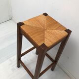 Paire de tabourets bar paille en  bois massif des années  50