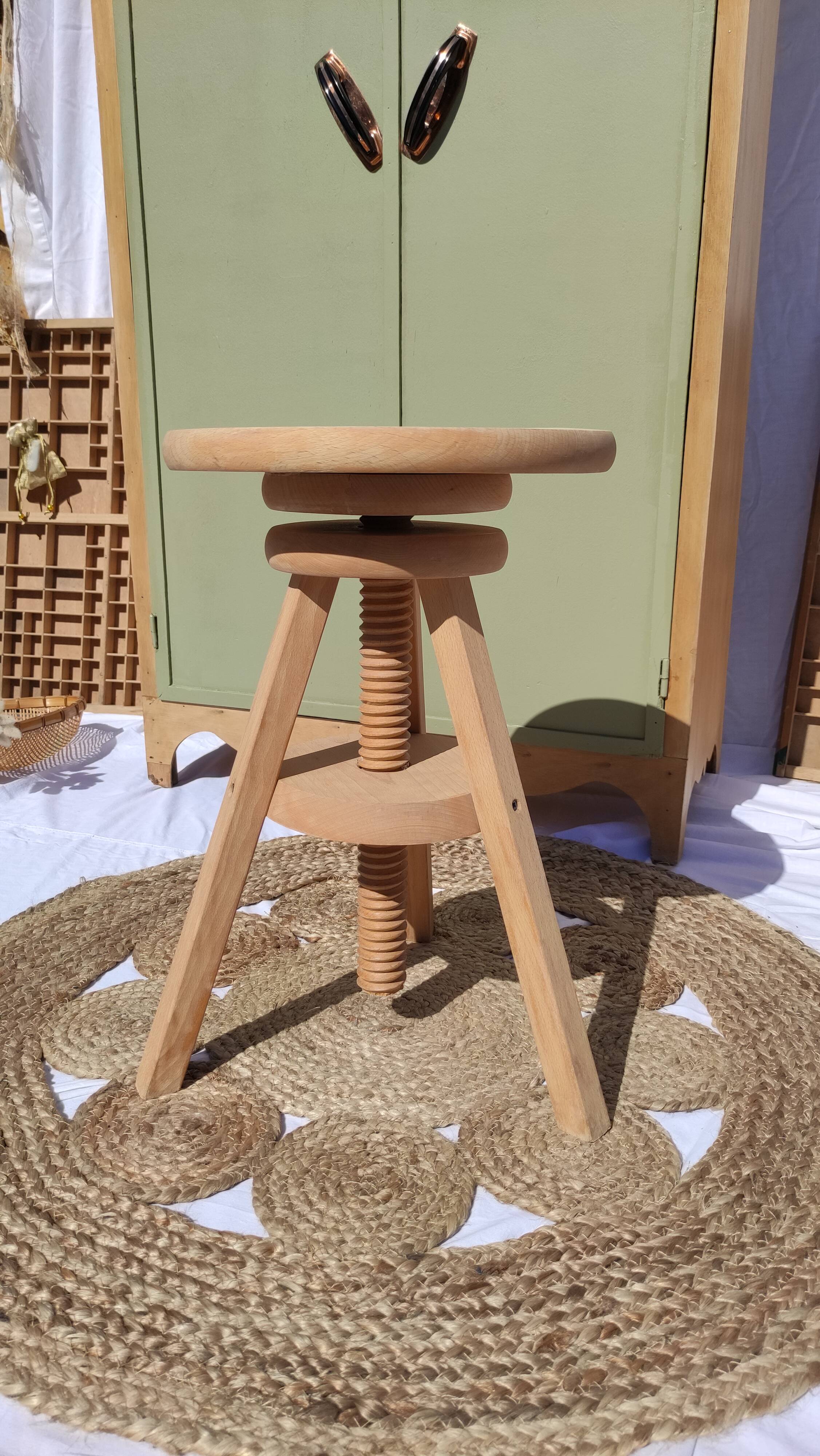 Vintage wooden stool with screws