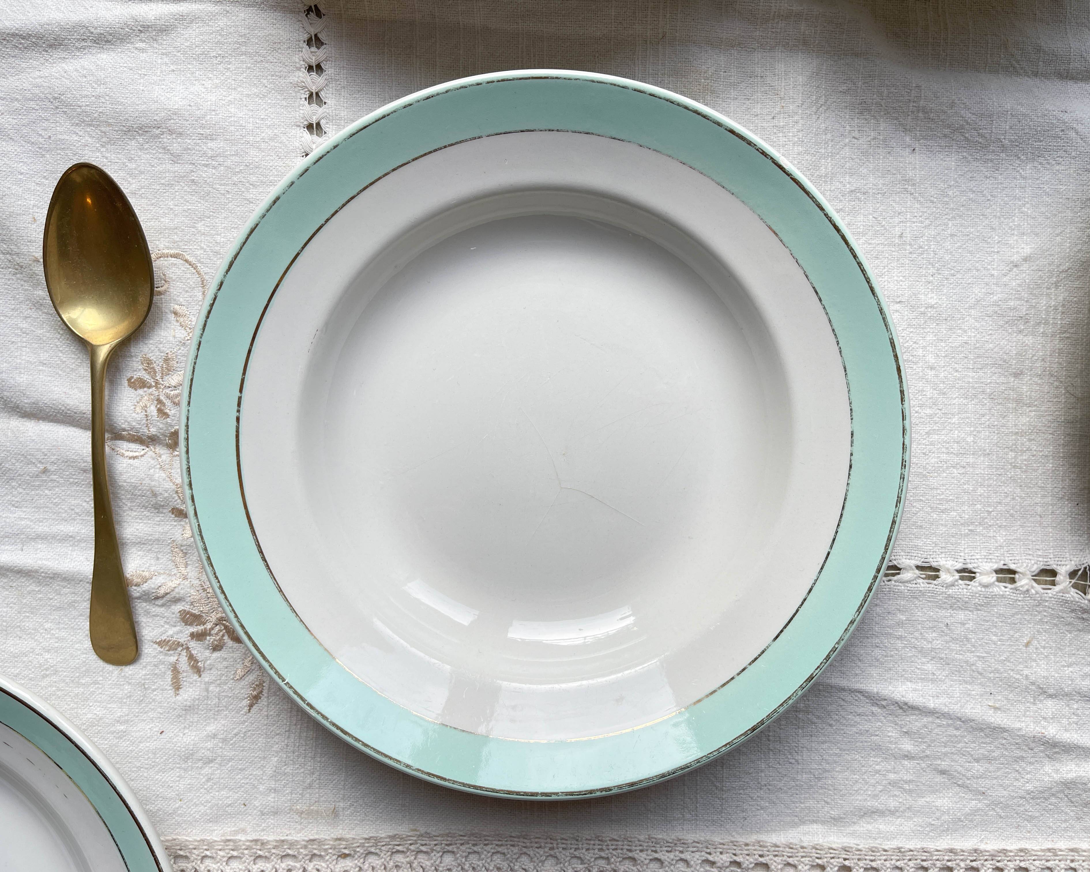 6 vintage LUNEVILLE earthenware soup plates, white, green and gold