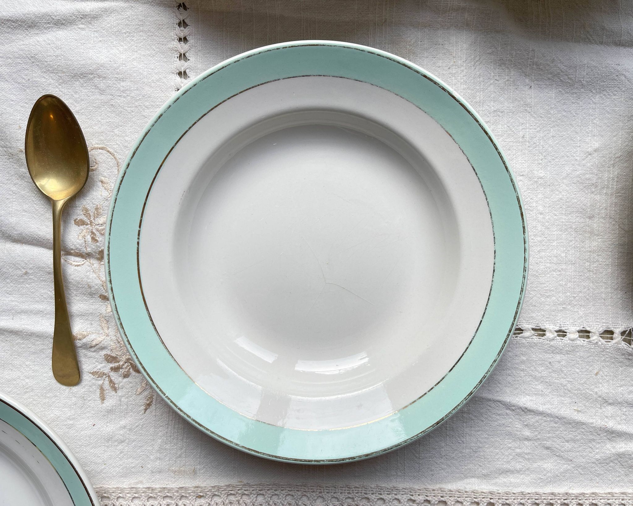 6 vintage LUNEVILLE earthenware soup plates, white, green and gold
