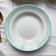 6 vintage LUNEVILLE earthenware soup plates, white, green and gold