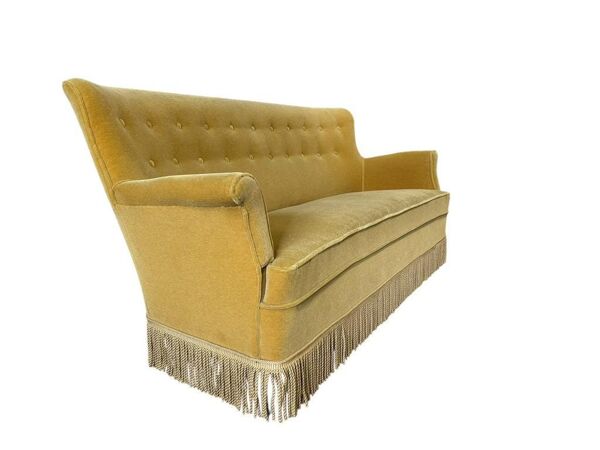 Canapé vintage jaune ocre / canapé / trois places avec franges