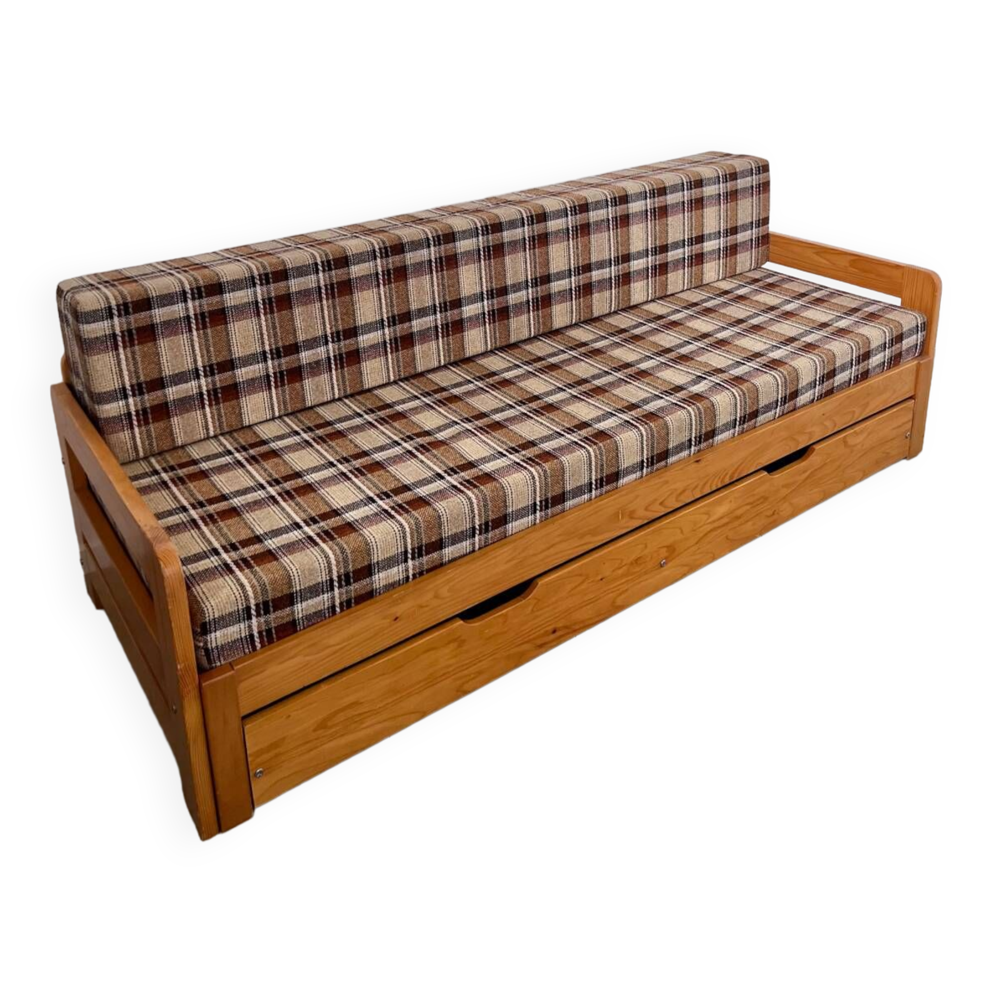 Ancien canapé lit 3 places design années 70/80 en pin vintage sofa