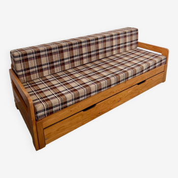 Ancien canapé lit 3 places design années 70/80 en pin vintage sofa