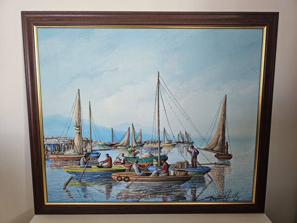 Tableau Huile sur toile Port de pêche en Afrique signé Raymond Lafaille