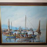 Oil painting on canvas Fishing port in Africa signed Raymond Lafaille