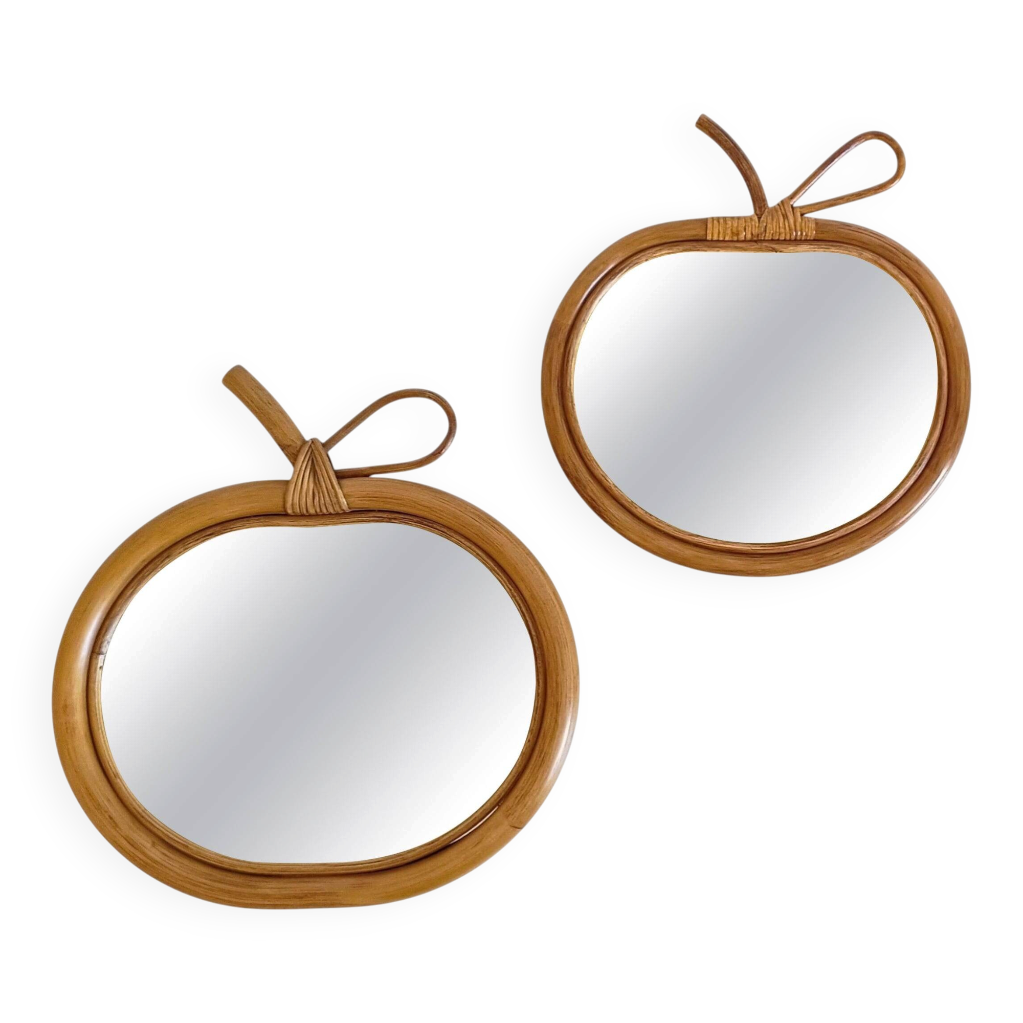 Pair of Apple-Shaped Mirrors in Bamboo and Rattan, France, 1960