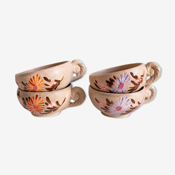 Vallauris, vintage ceramic bowls, hand-painted floral prints, 70s