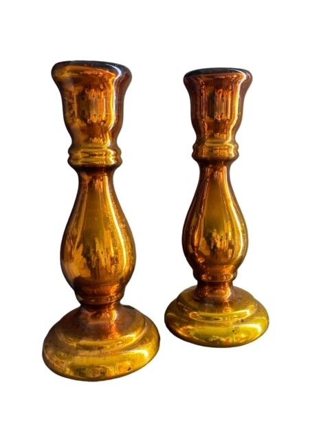 Pair of eglomised glass candle holders