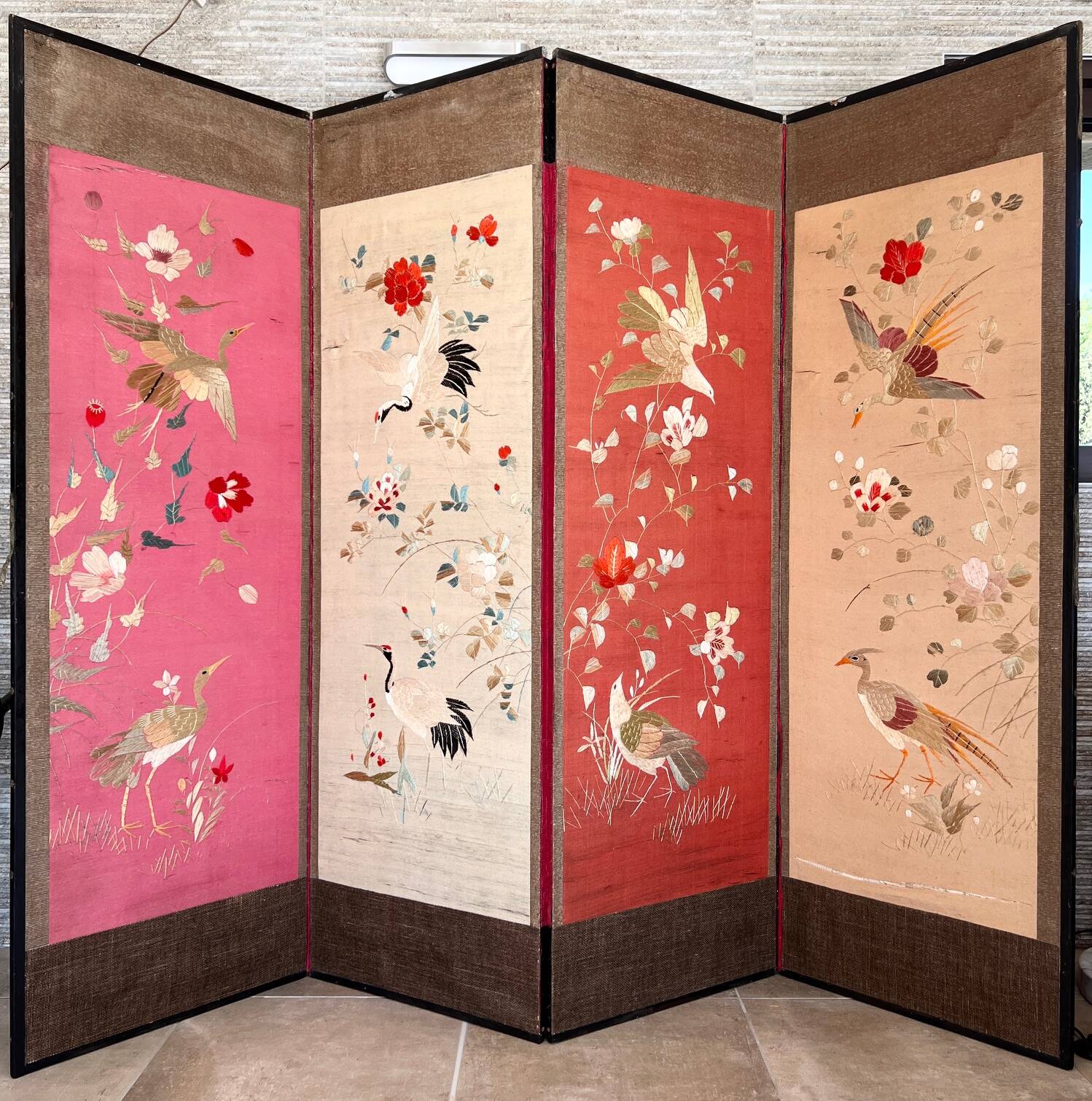 4-panel Japanese screen, 19th century, bird silk embroidery