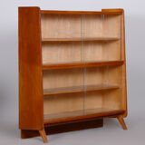 Restored midcentury oak bookcase, glass doors, revived polish, czechia, 1950s