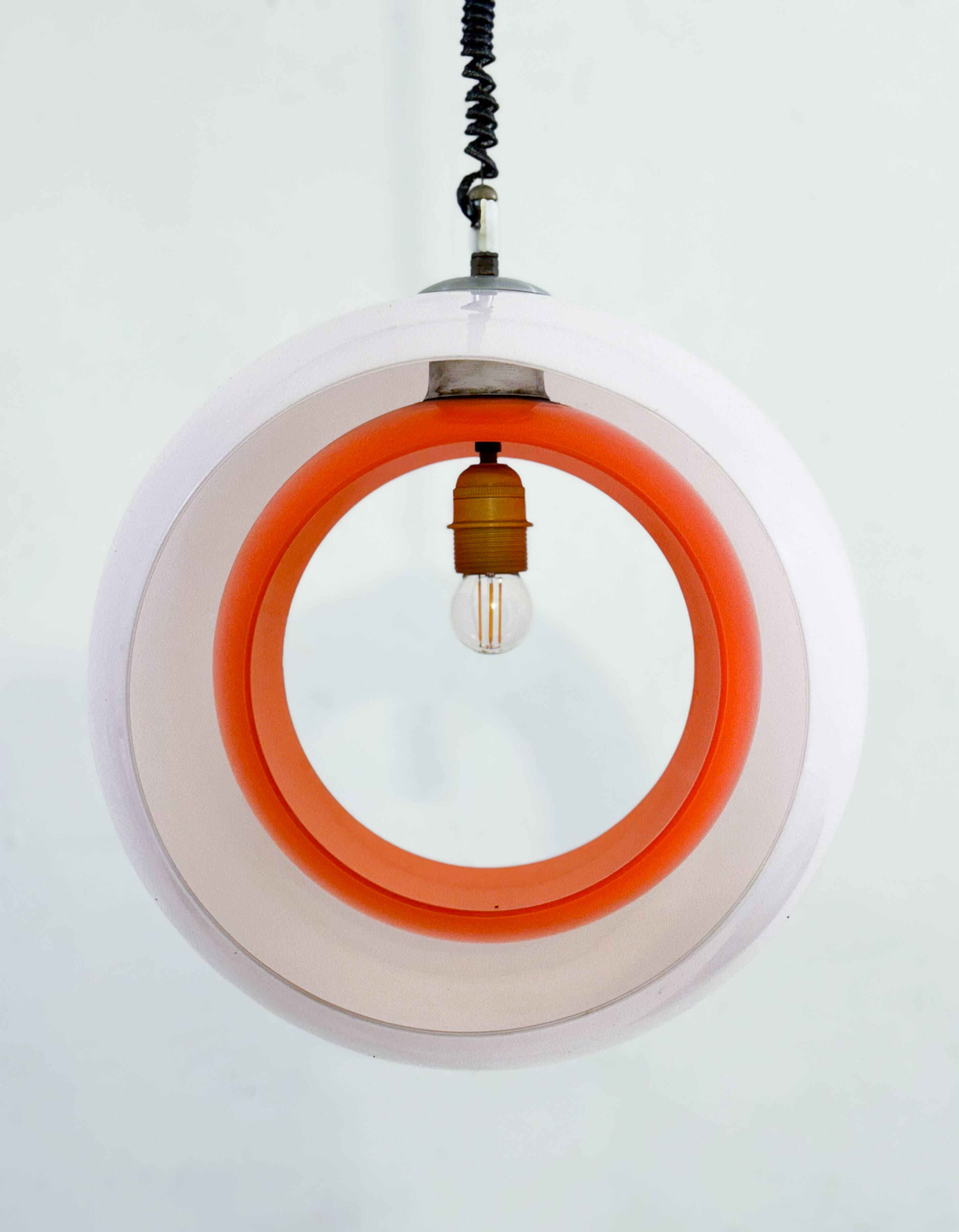 Mid-century Murano Glass White and Orange Suspension model "Eclisse" by Carlo Nason for Mazzega, Ita