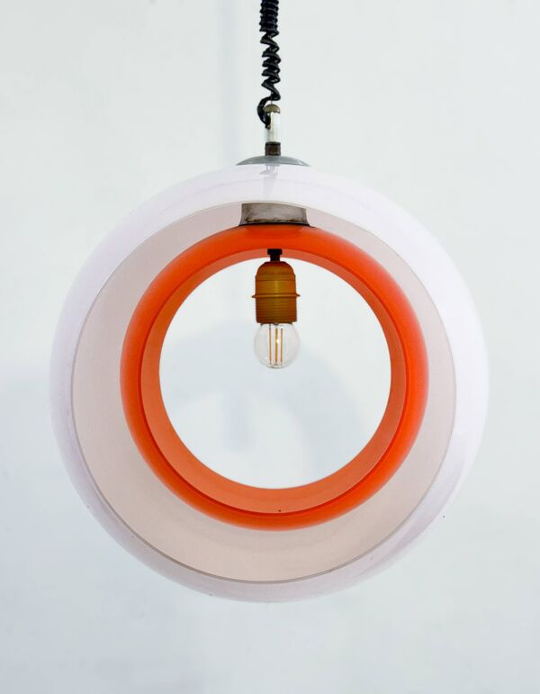 Suspension ''Eclisse'' en verre de Murano blanc et orange du milieu du siècle, par Carlo Nason pour Mazzega, Ita