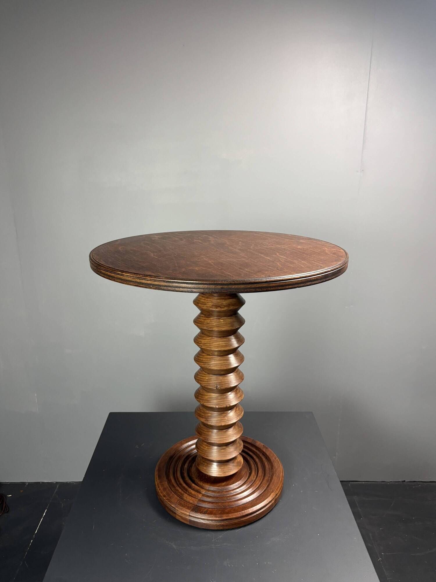 Midcentury brutalist wood turned side table, Charles Dudouyt style, 1950s