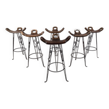 Set of 6 brutalist bar stools, wrought iron, 1960s