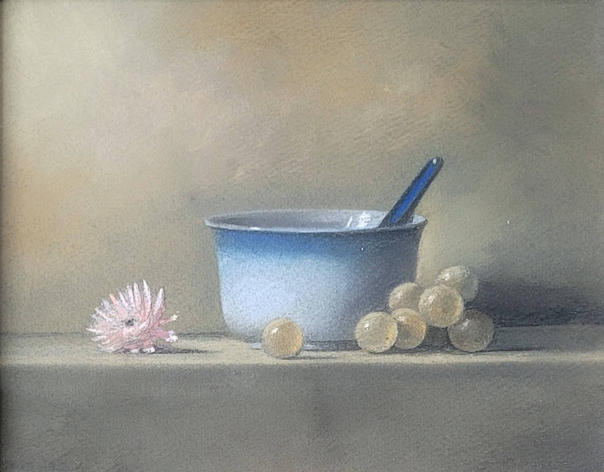 Still life with pot, grapes and anemone