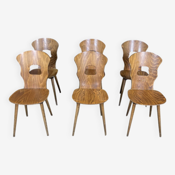 Set of 6 wooden bistro chairs Baumann Gentiane France 1960s