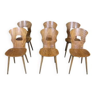 Set of 6 wooden bistro chairs Baumann Gentiane France 1960s