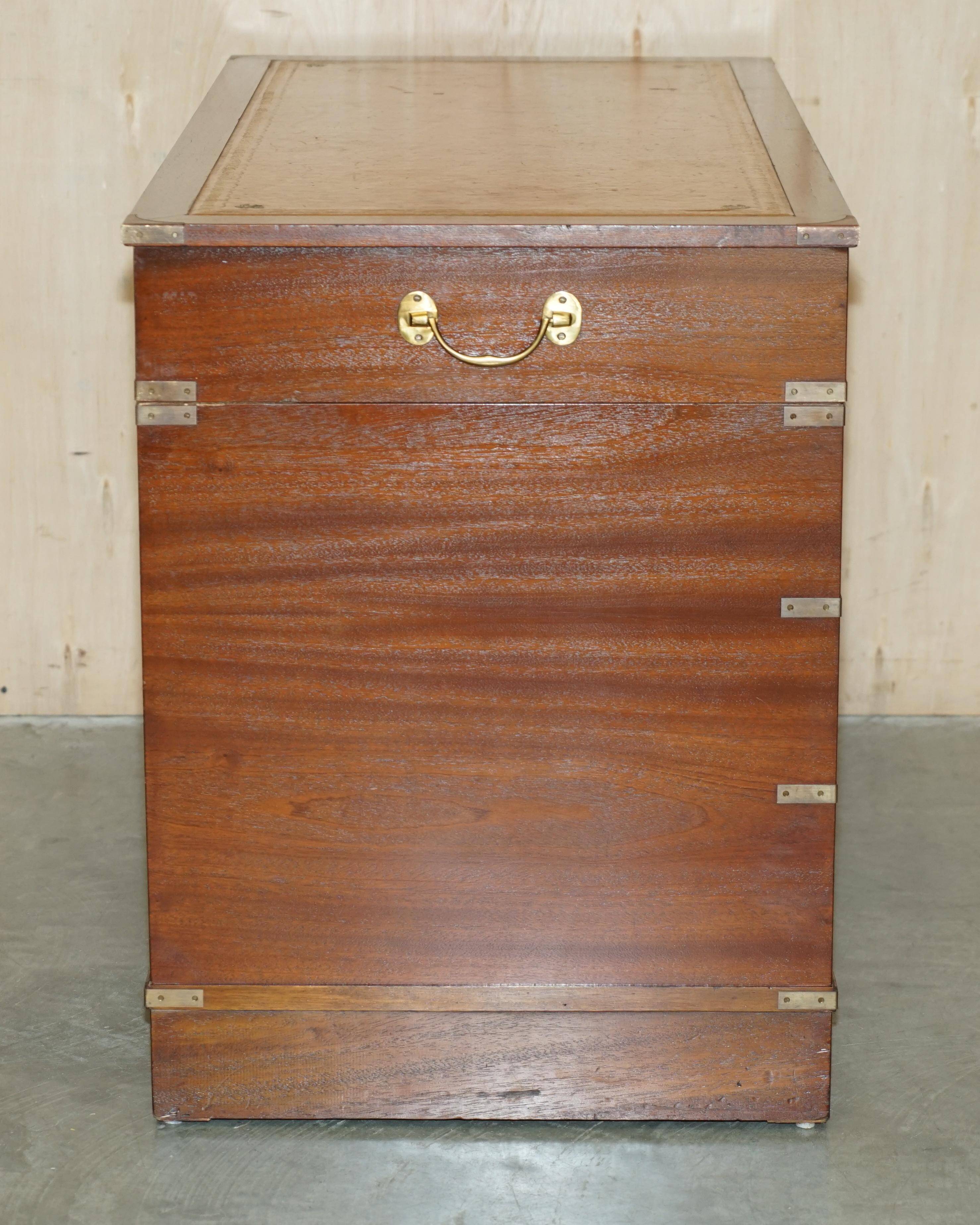 Vintage Harrods Kennedy desk in military campaign style with drawers.