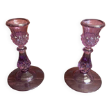 Pair of Antique CRISTAL D’ARQUES Candle Holders Moulded Purple Glass Vintage