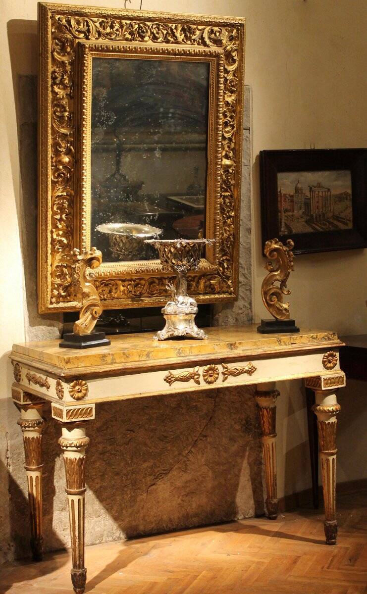 Italian Louis XVI White Lacquer and Giltwood Console with Scagliola Siena Marble Top