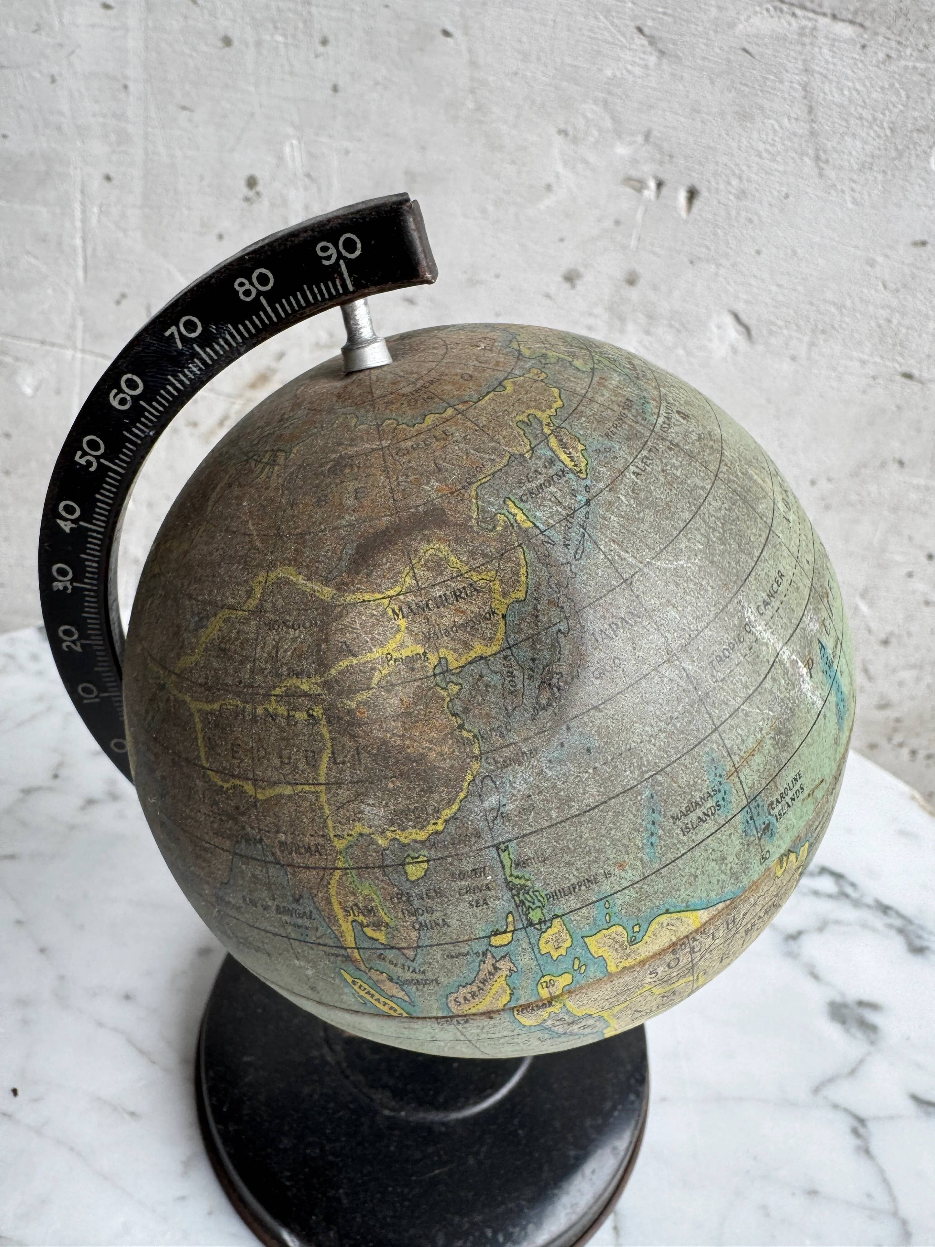 Miniature Green Paper-Covered Globe with Metal Base and Meridian — Made in England
