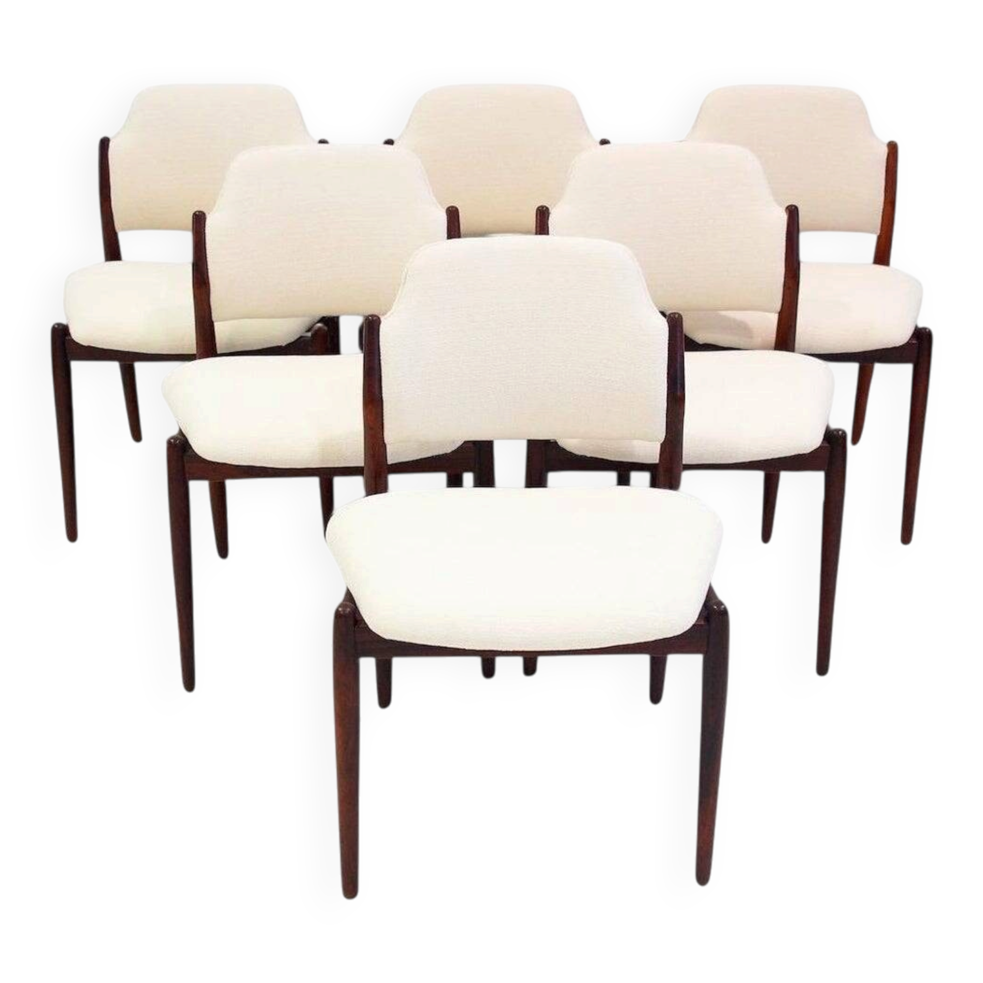 Set of six hardwood chairs by Arne Vodder for Sibast with white textile upholstery.