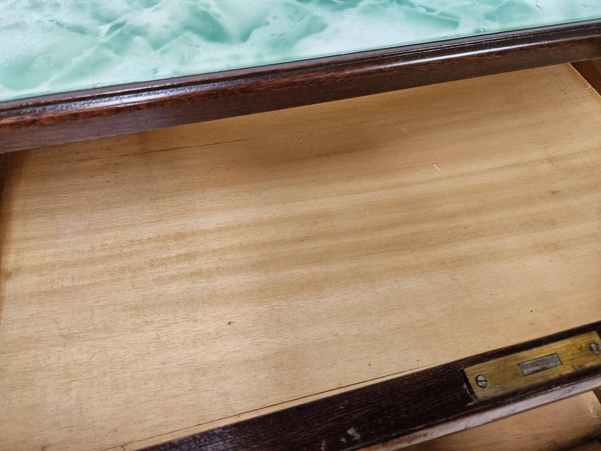 Vintage six-drawer oak chest of drawers with glass top, 1960