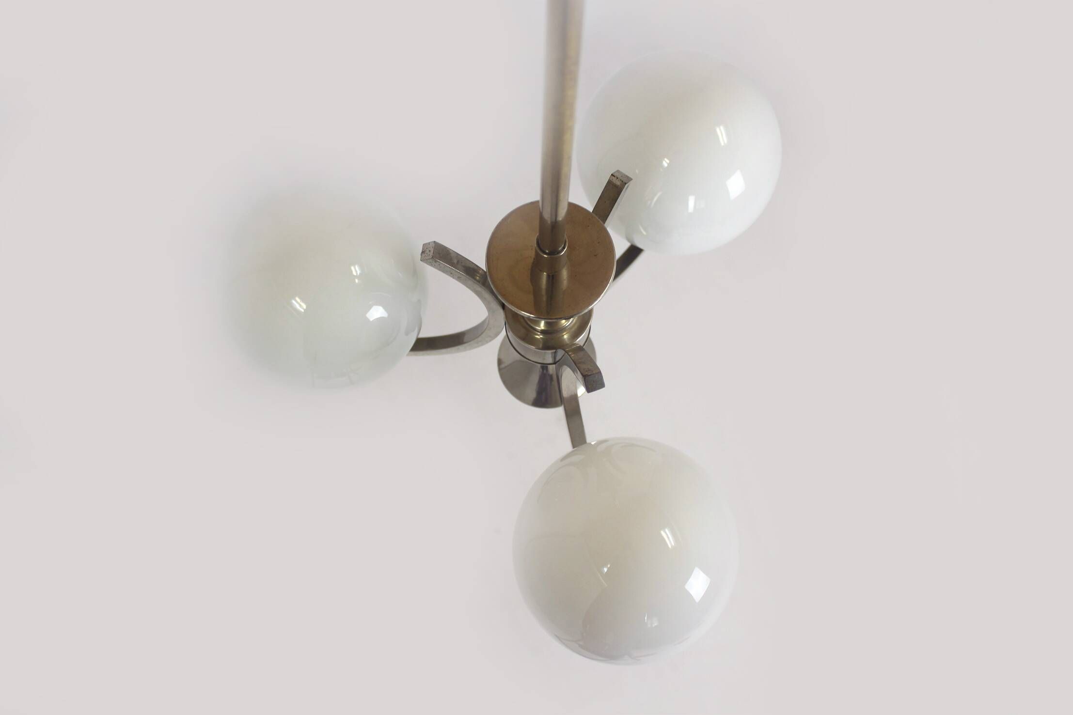 Vintage Czech Bauhaus style pendant light, tall, with opaline glass globes, 1940s