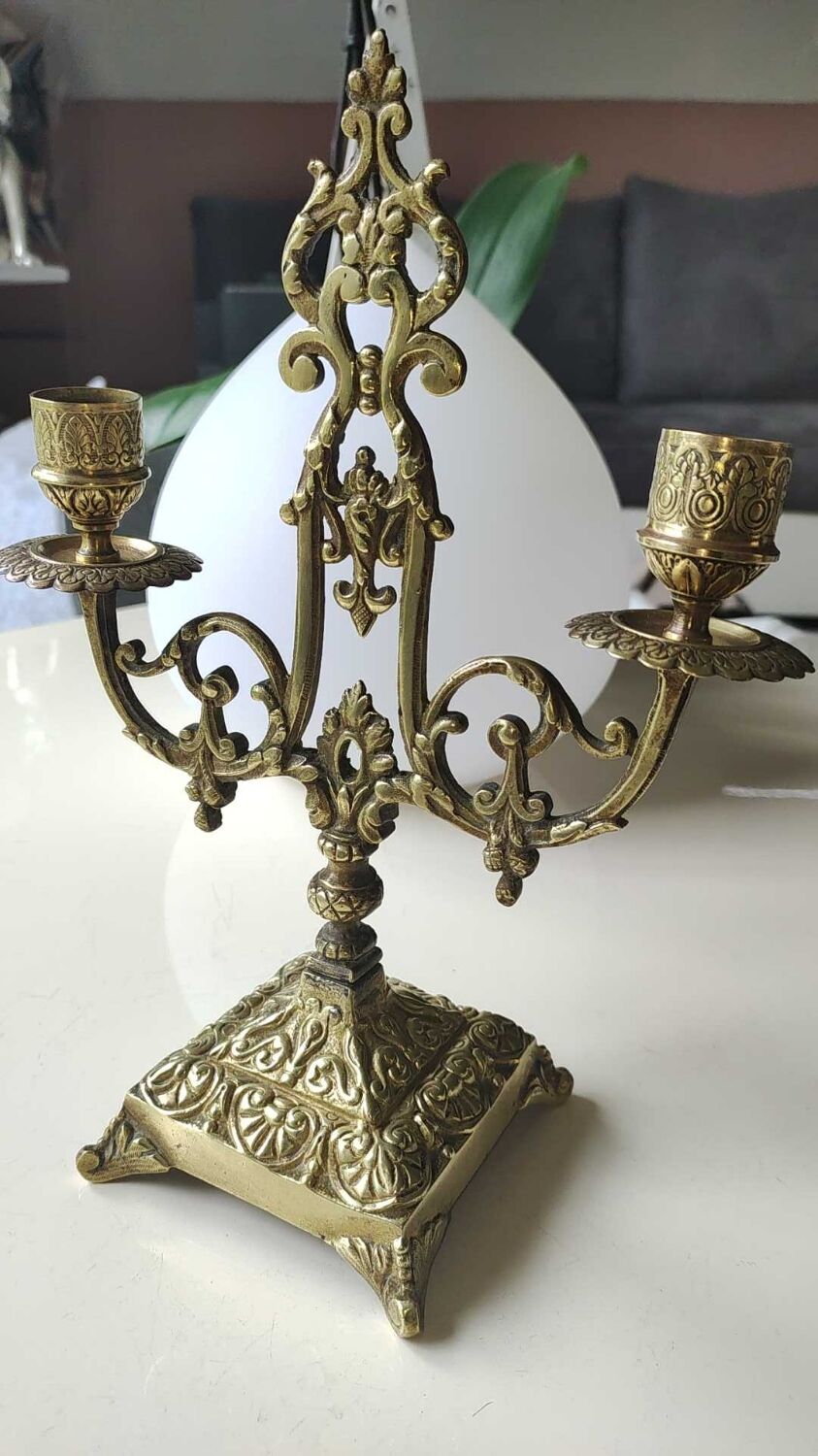 Altar candlestick with 2 branches, napoleon iii style, bronze patina old gold