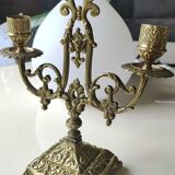 Altar candlestick with 2 branches, napoleon iii style, bronze patina old gold
