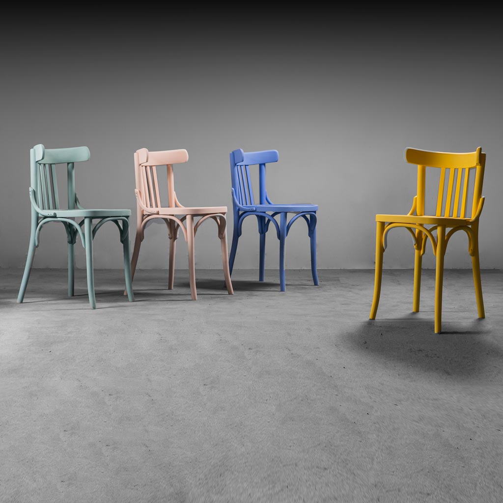 Set of 4 chairs in multicolor 50s vintage modern wood
