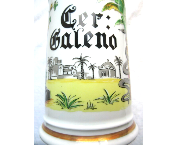 Old pharmacy pot, porcelain: Cer Galeno, column, palm tree, snake