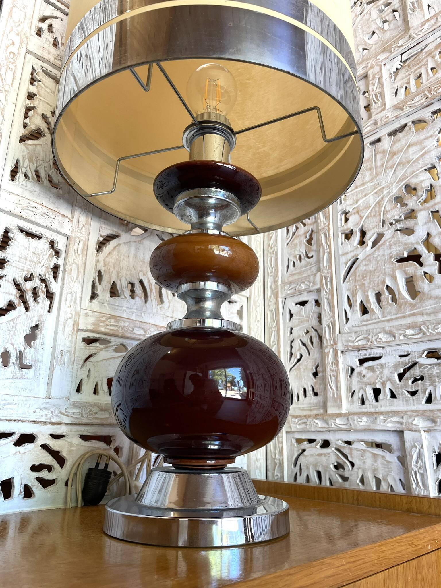 Large Vintage Space Age Table Lamp / 1970s Design - Ceramic & Chrome
