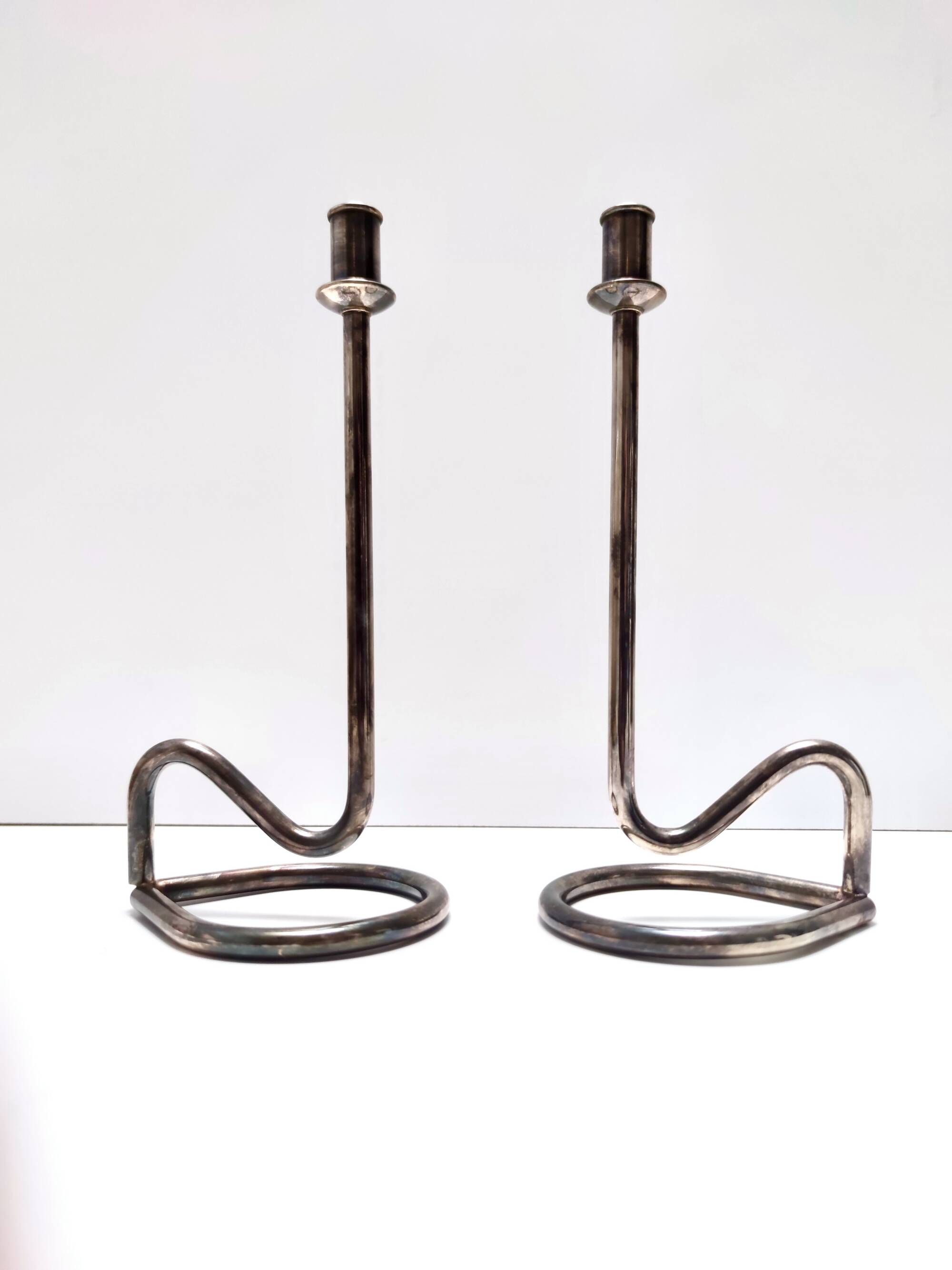 Minimalist Pair of Silver Plated Metal Candleholders in the Style of Sabattini