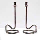 Minimalist Pair of Silver Plated Metal Candleholders in the Style of Sabattini