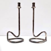 Minimalist Pair of Silver Plated Metal Candleholders in the Style of Sabattini