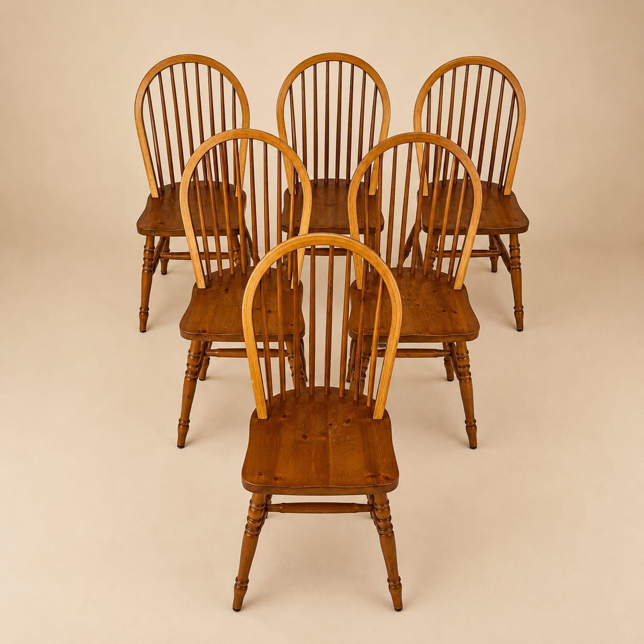 Set of 6 Scandinavian pine wingback chairs, 1970s