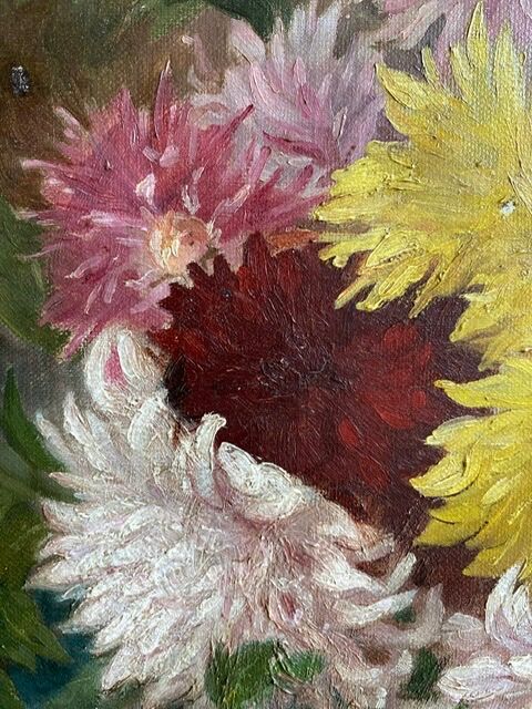 Ancient painting, dead nature with dahlias, signed, dated, late 19th century