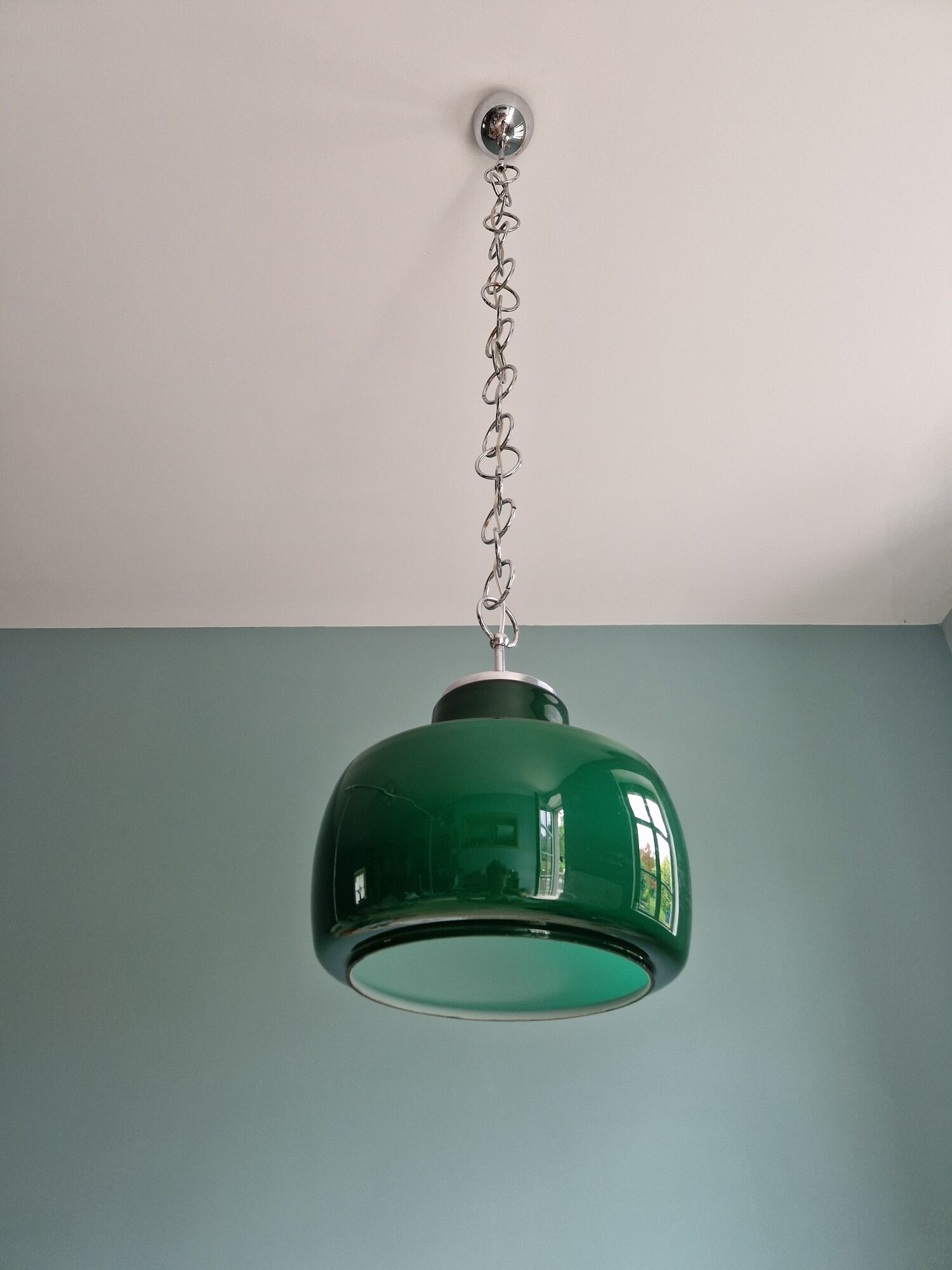 Large vintage pendant lamp in green opaline, 1970s
