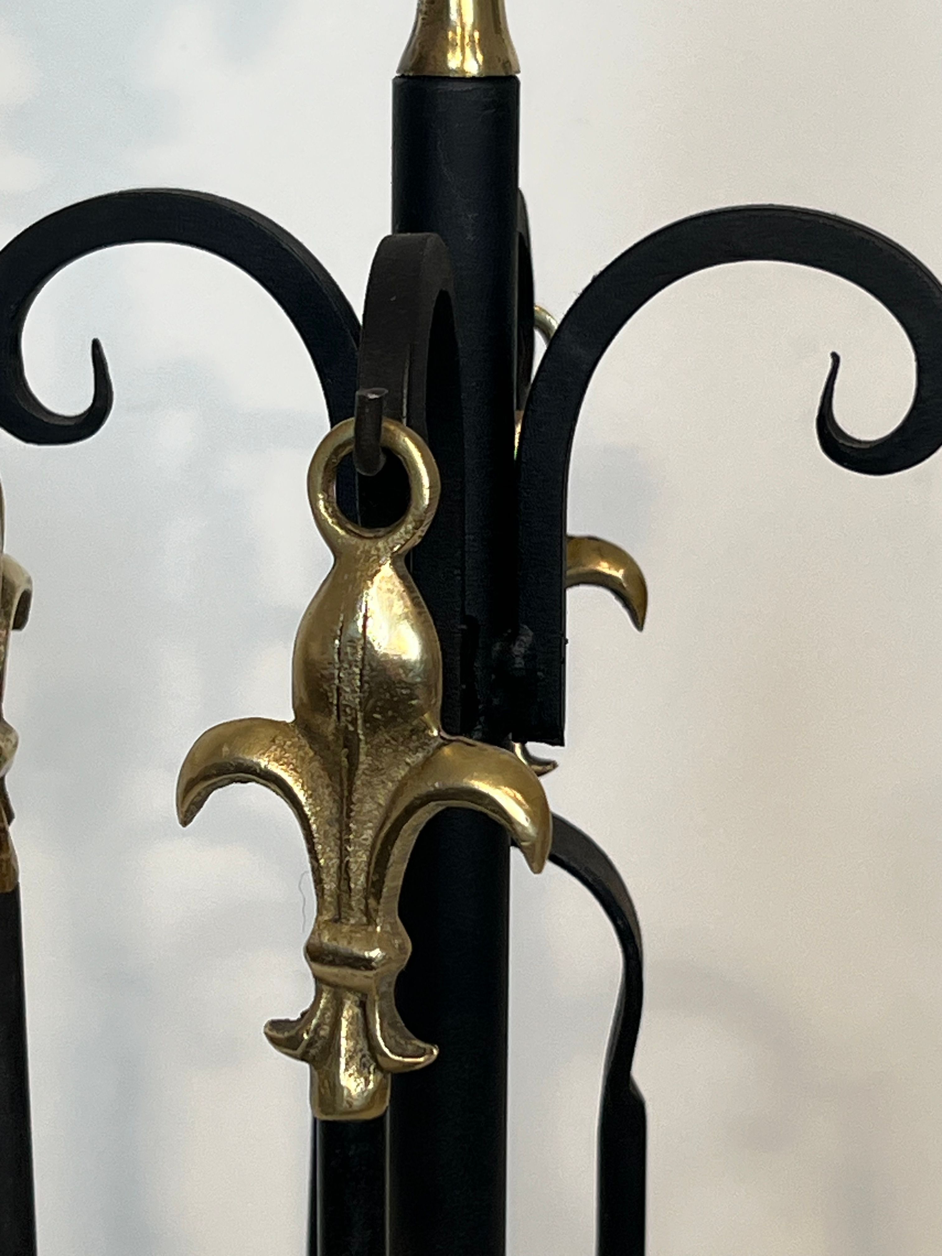 Neoclassical-style fire accessory in black lacquered metal and brass with fleur-de-lis.