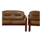 Ensemble salon vintage – canapé 2 places & fauteuil en cuir cognac