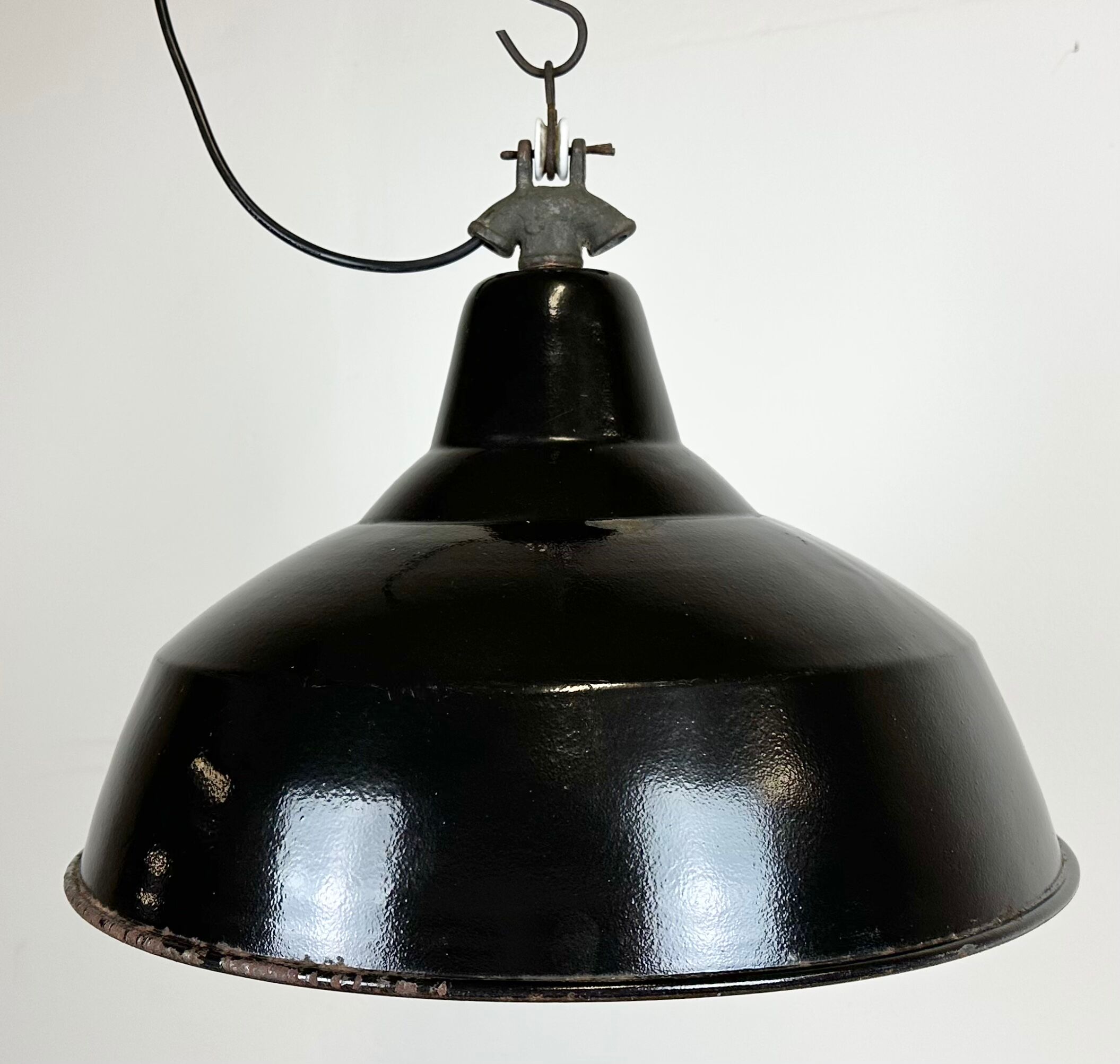 Industrial Black Enamel Factory Lamp with Cast Iron Top, 1950s