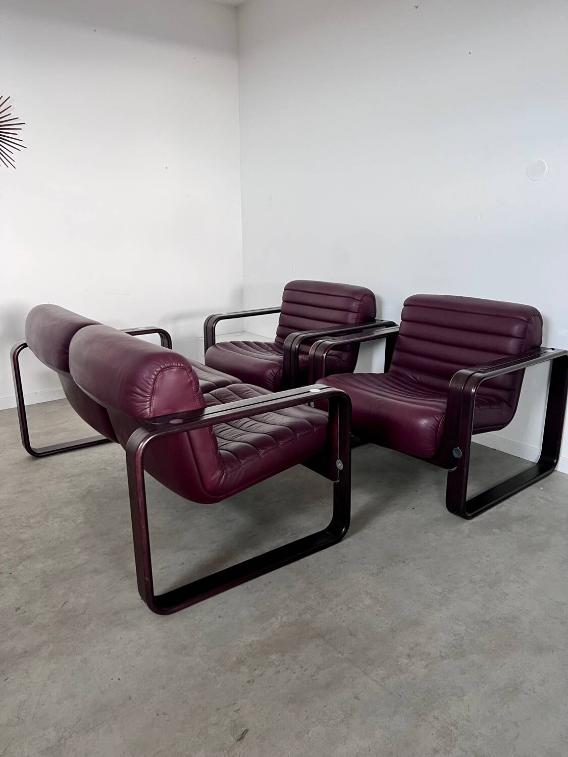 Sofa set and 2 vintage leather armchairs designed by Albert Stoll Giroflex 1970s