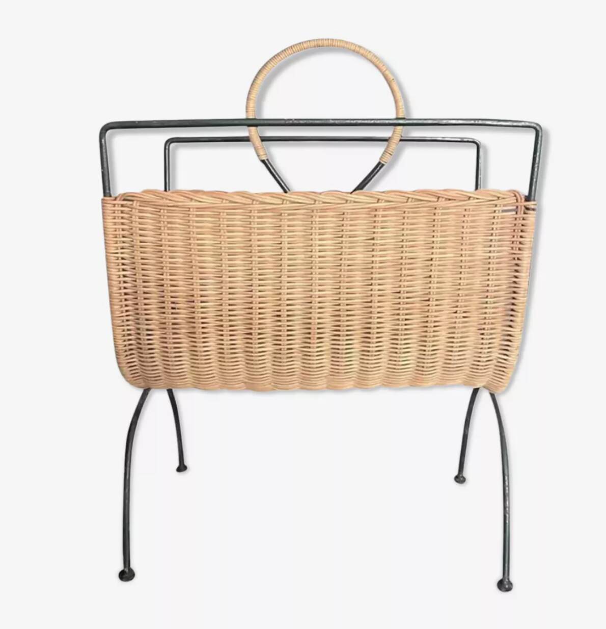 Wicker and lacquered metal magazine holder vintage 1950
