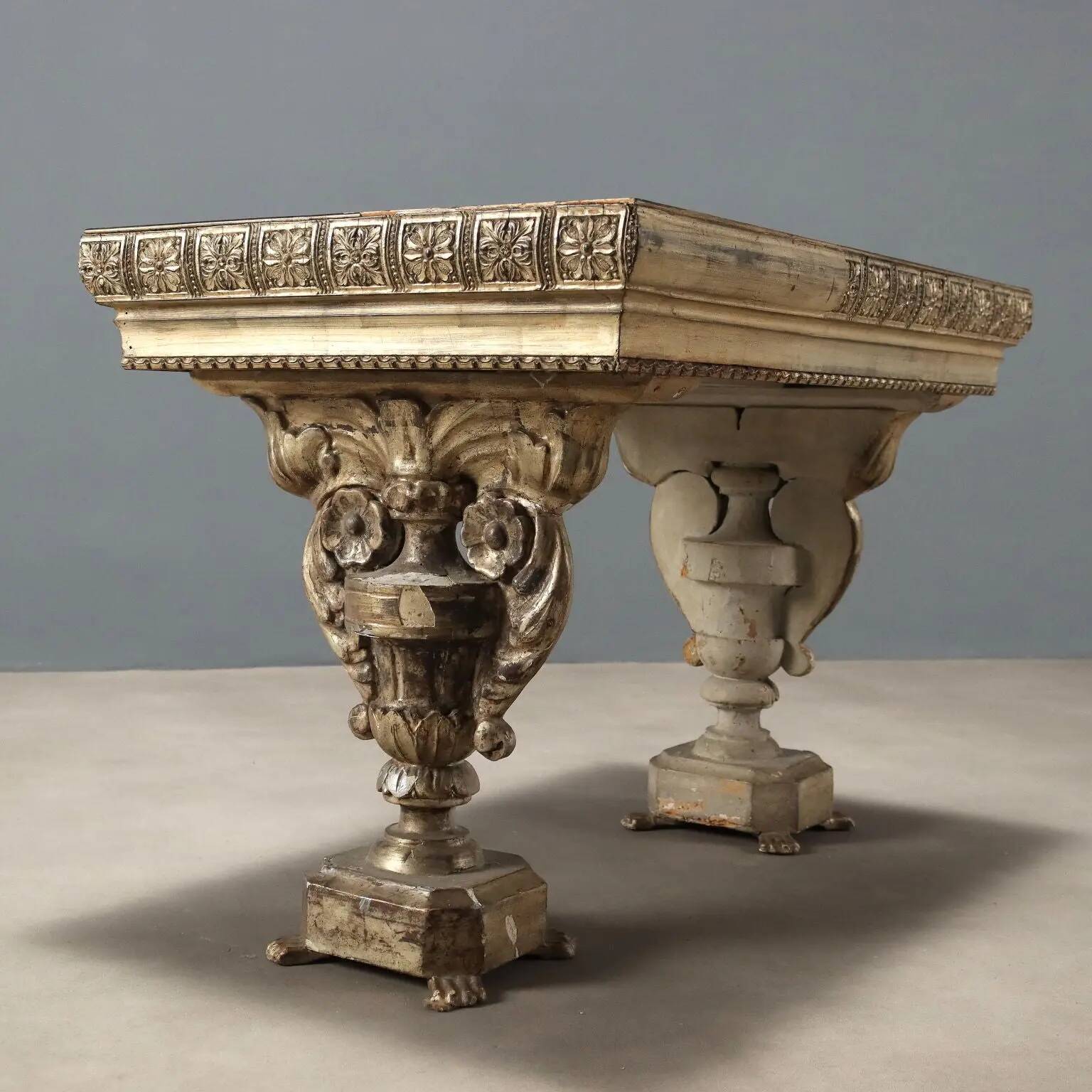 Antique coffee table in carved wood and glass, Italy, 20th century