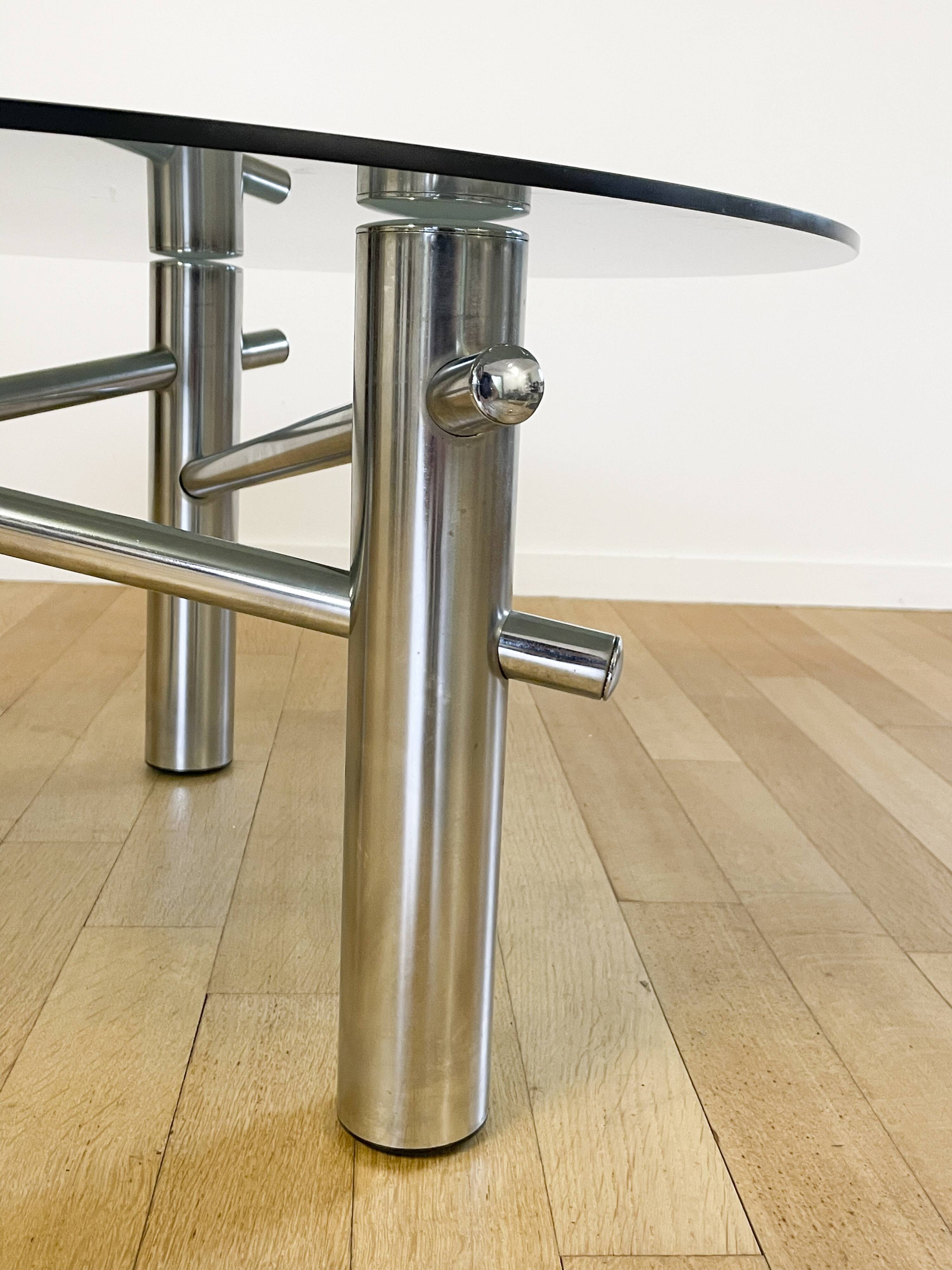 Round coffee table in chrome and smoked glass, 1970s